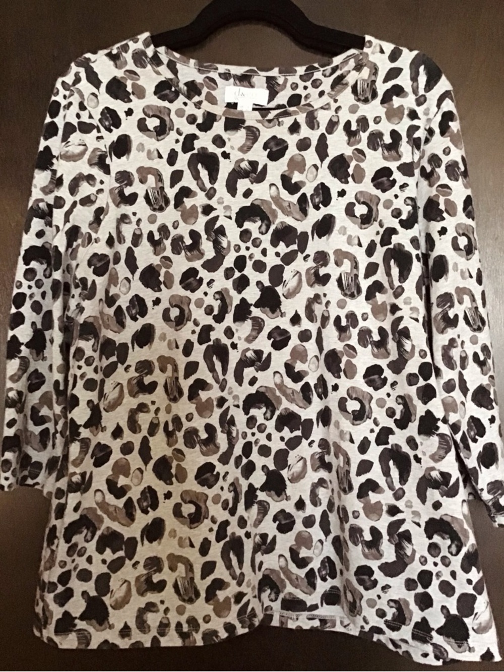 Denim&Co Animal Print 3/4 Sleeve Top in Black and Gray